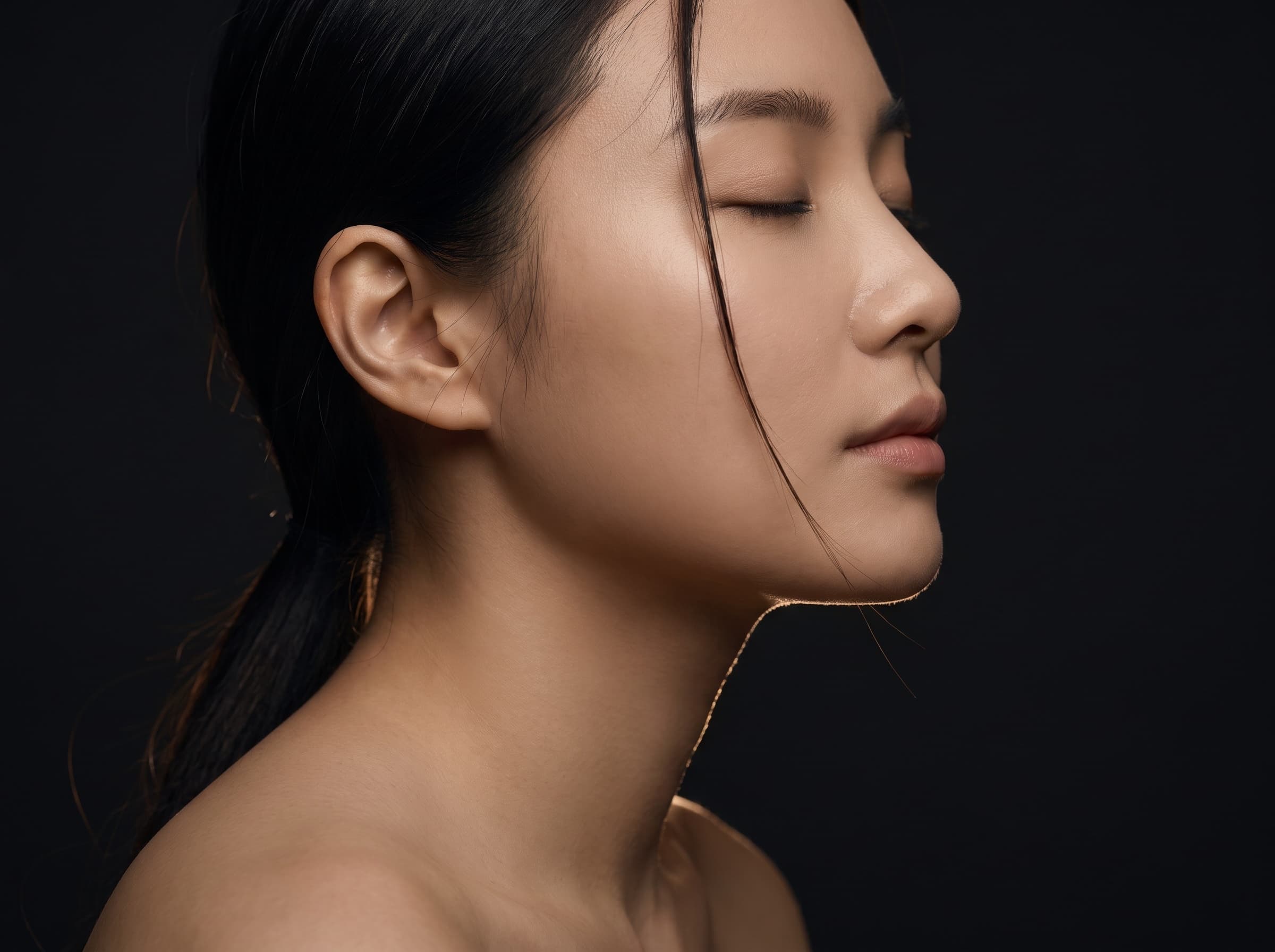 로우키 조명 아래의 옆얼굴 라인 — 온더성형외과의원이 지향하는 자연스러운 선